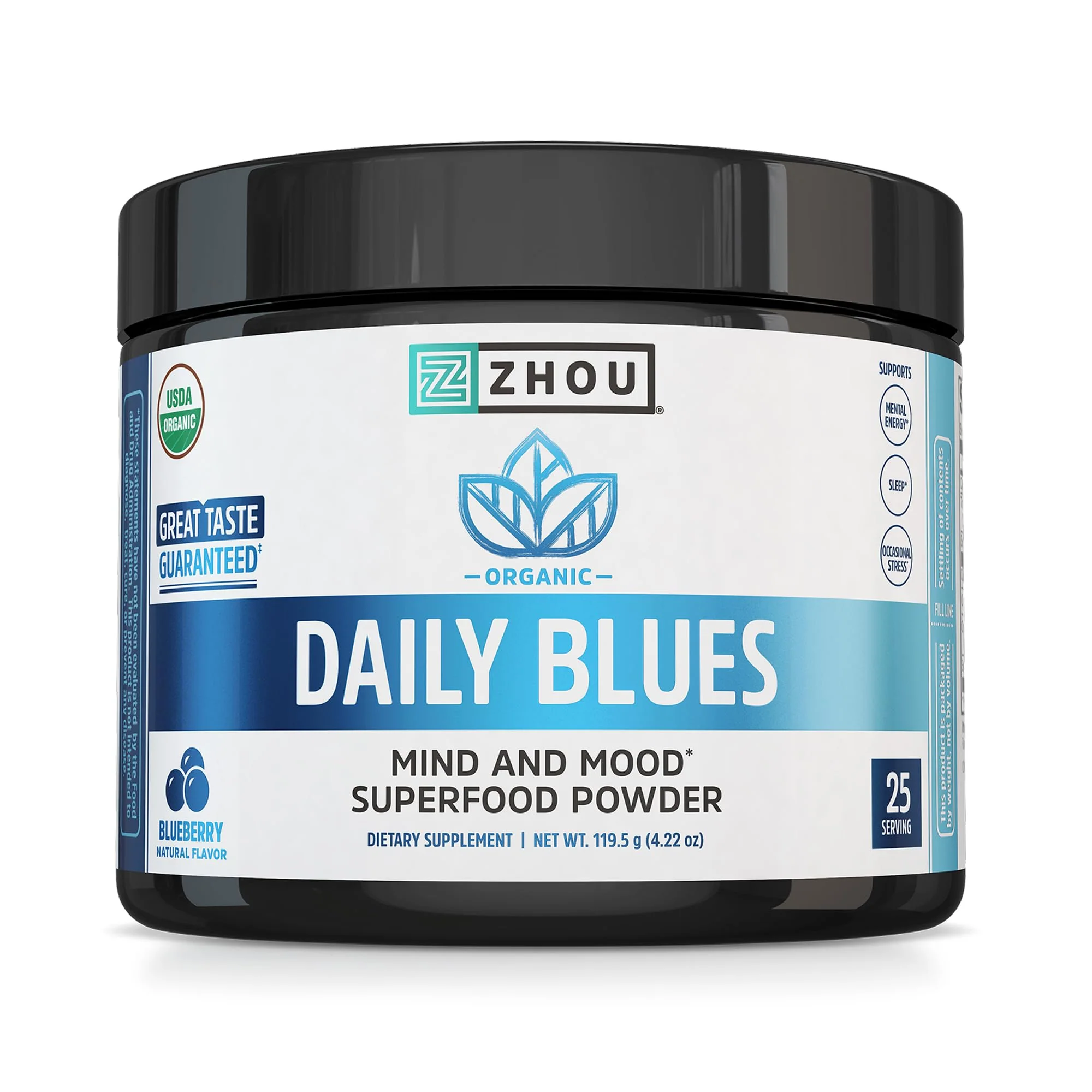 Zhou Daily Blues - Blue Spirulina Powder Organic, Blue Algae Energy Superfood Supplement for Smoothie, Vegan Drink Mix - Blueberry Flavor, 4.22 oz (25 Servings)
