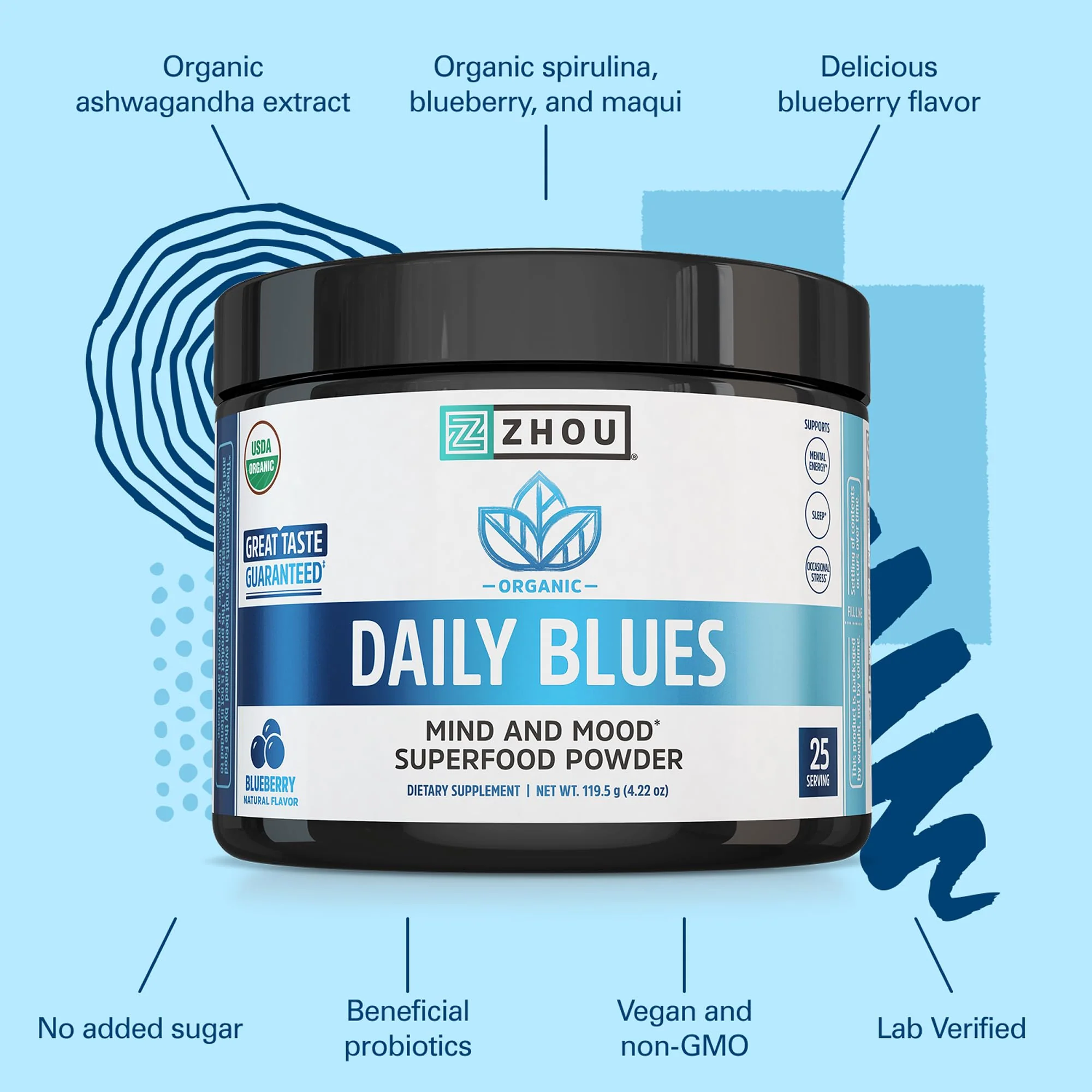 Zhou Daily Blues - Blue Spirulina Powder Organic, Blue Algae Energy Superfood Supplement for Smoothie, Vegan Drink Mix - Blueberry Flavor, 4.22 oz (25 Servings) - Image 4