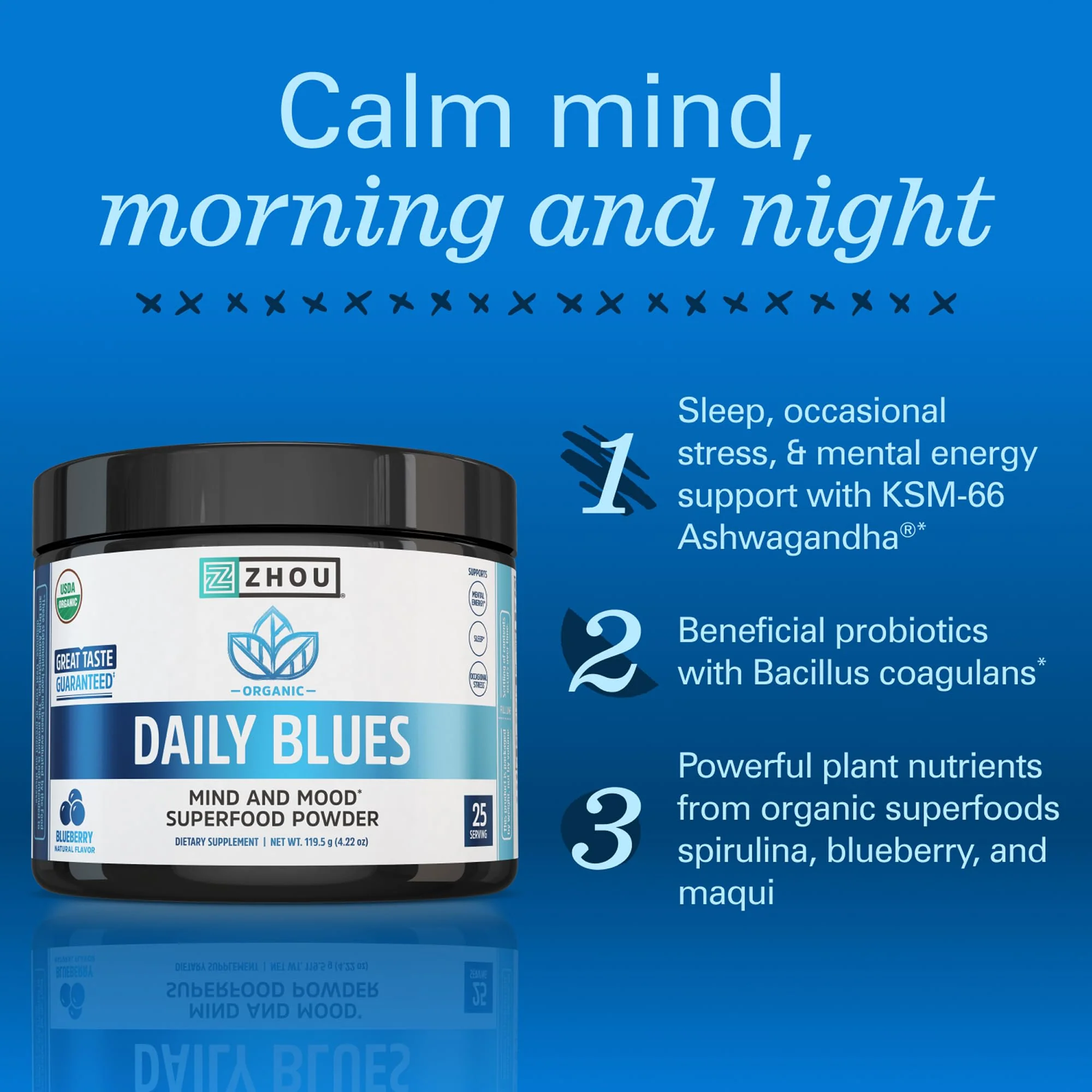 Zhou Daily Blues - Blue Spirulina Powder Organic, Blue Algae Energy Superfood Supplement for Smoothie, Vegan Drink Mix - Blueberry Flavor, 4.22 oz (25 Servings) - Image 5