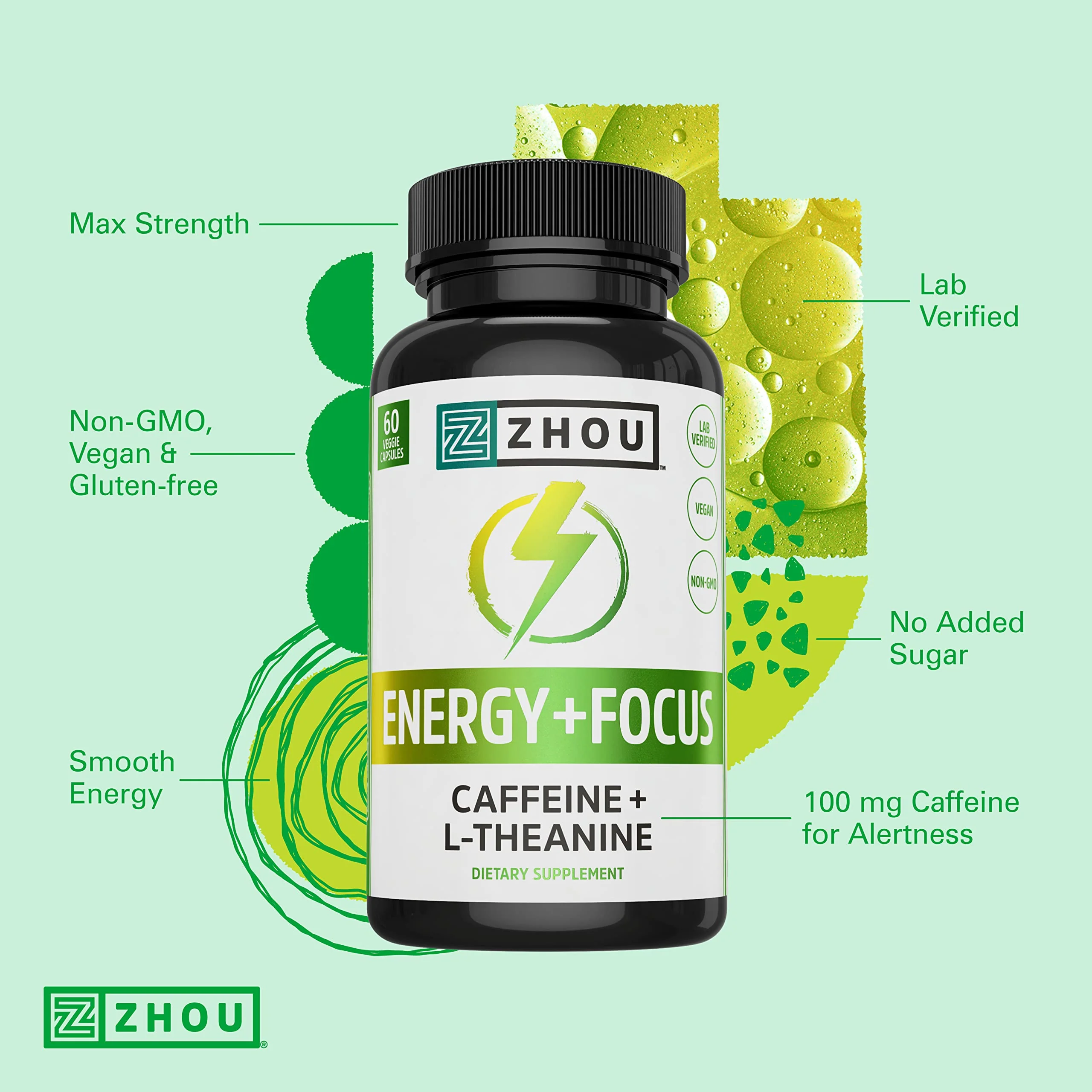 Zhou Energy + Focus - L Theanine Caffeine Pills, 200mg L-Theanine, 100mg Natural Anhydrous Caffeine Boost for Adults, Men & Women, Slow Extended Release - 60 Vegetarian Capsules (Pack of 1) - Image 4