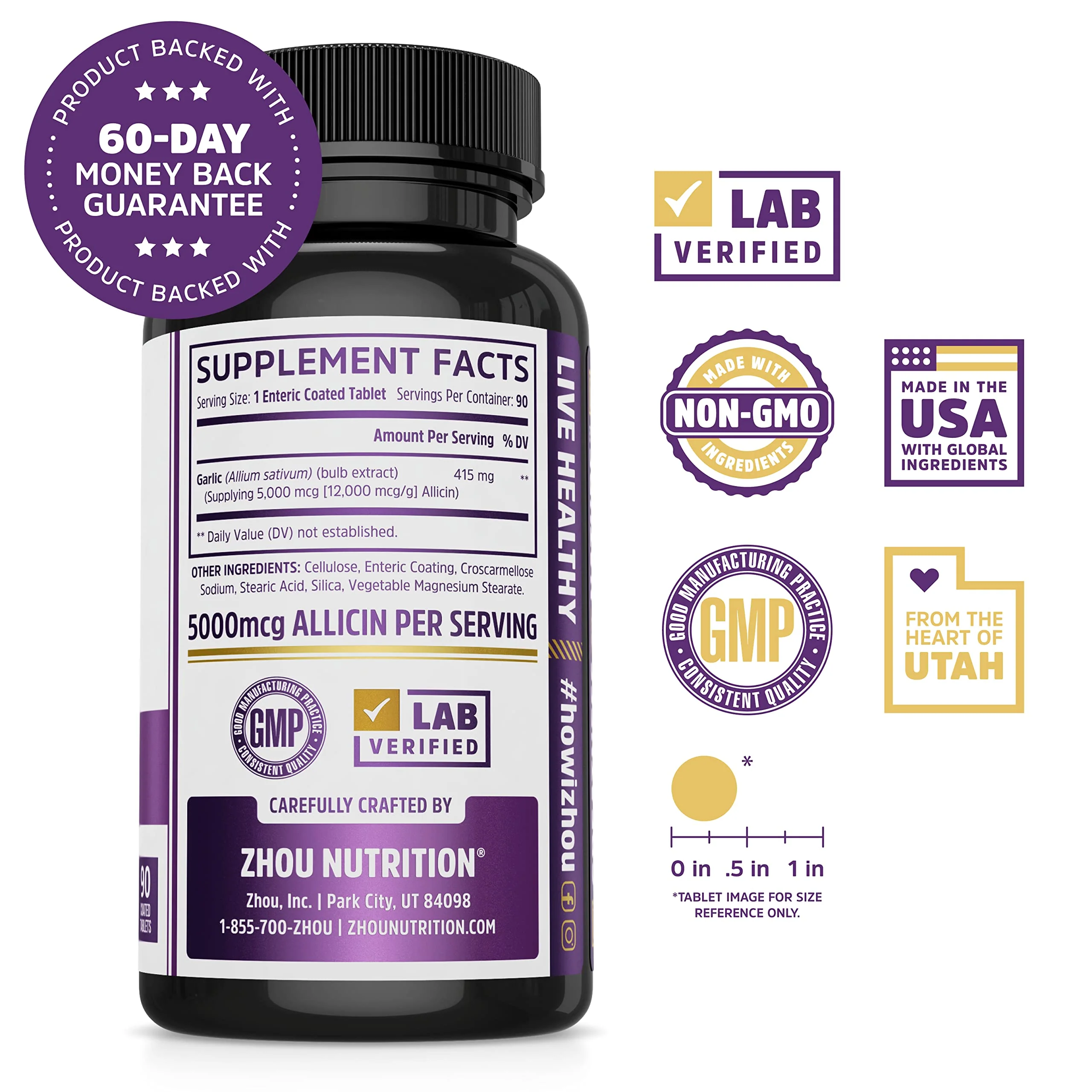 Zhou Garlic with Allicin - Garlic Supplements, Odorless Garlic Extract Pills for Men & Women, 5000 mcg Allicin Per Tablet for Immune & Heart Health - 90 Coated Tablets (Pack of 1) - Image 6