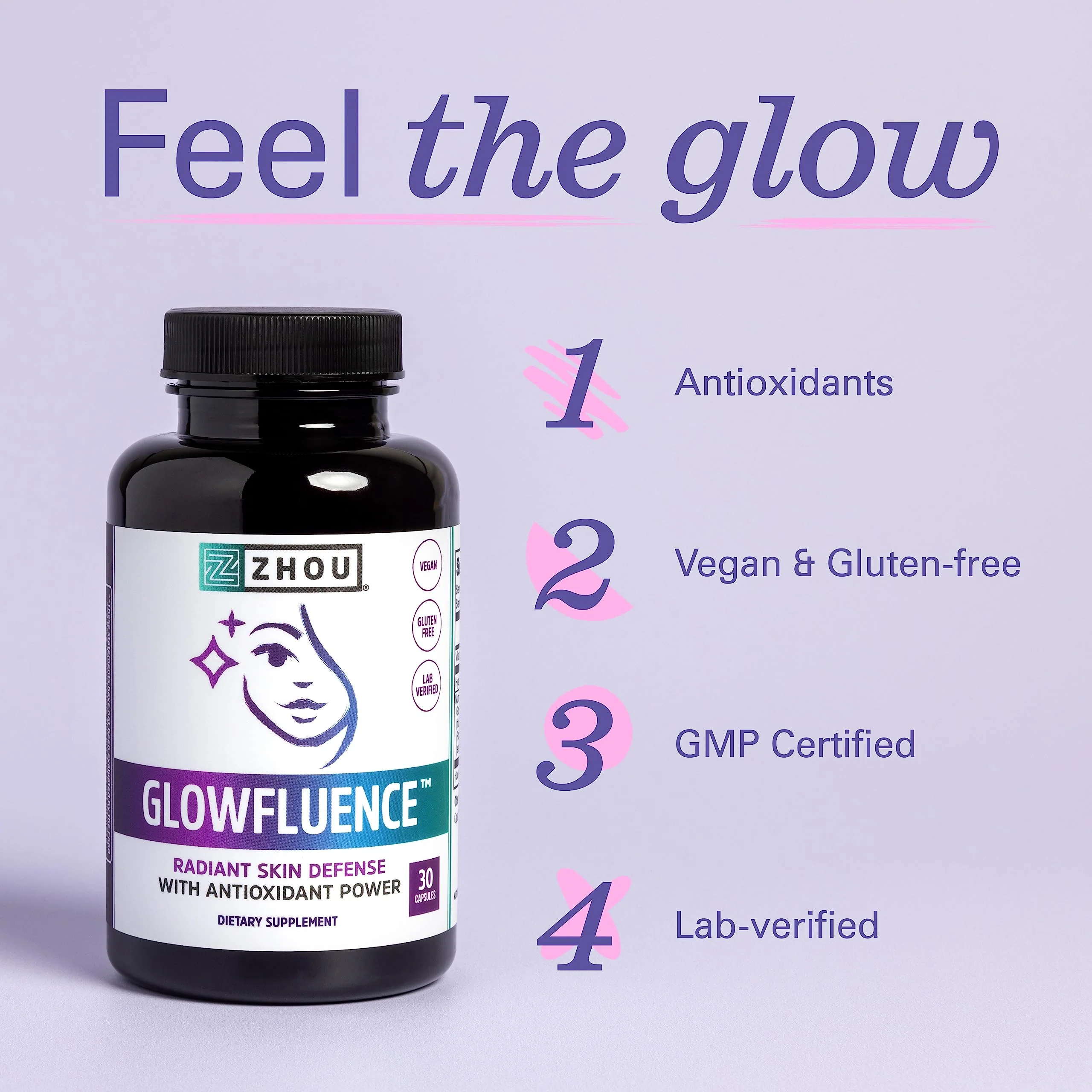 Zhou Glowfluence - Hyaluronic Acid Supplement with Vitamin C and Antioxidants, Glowing Skin and Hydration Support, Hyaluronic Acid Pills for Women and Men, Pure Formula - 30 Vegetarian Capsules - Image 5