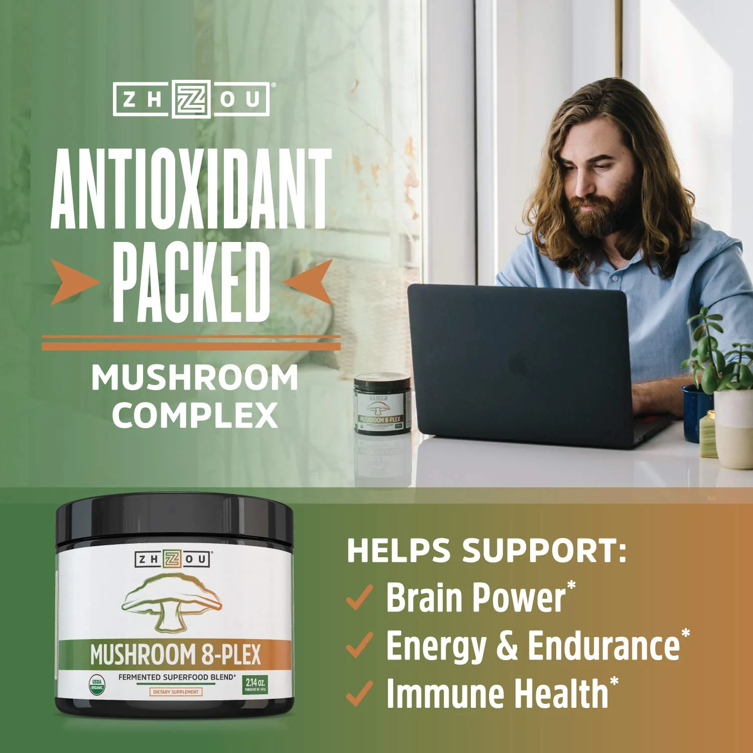 ZHOU Mushroom 8-Plex - Mushroom Supplement, Powder Blend, Coffee Alternative for Adults, Nootropic Complex for Health with Chaga, Lions Mane, Reishi & Turkey Tail - 2.14oz (30 Servings) - Image 5