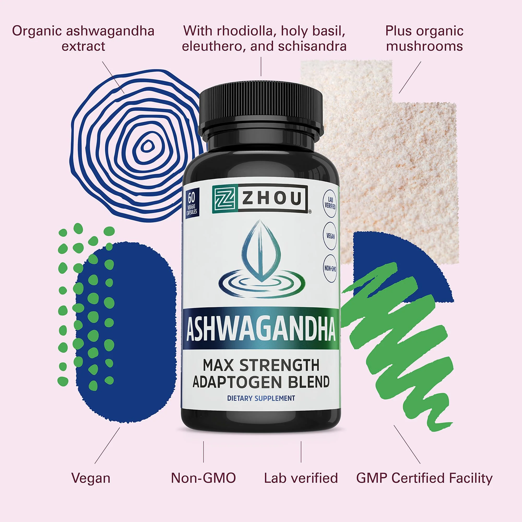 Zhou Nutrition Ashwagandha Capsules, Mood Enhancer, Energy Boost, Blend of Rhodiola, Holy Basil, Cordyceps, Reishi & Ashwagandha Supplement, 30 Servings, 60 Capsules - Image 4