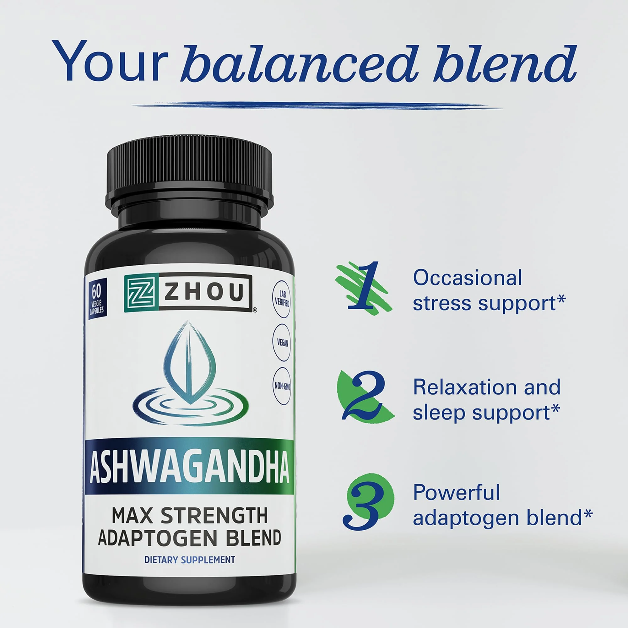 Zhou Nutrition Ashwagandha Capsules, Mood Enhancer, Energy Boost, Blend of Rhodiola, Holy Basil, Cordyceps, Reishi & Ashwagandha Supplement, 30 Servings, 60 Capsules - Image 5