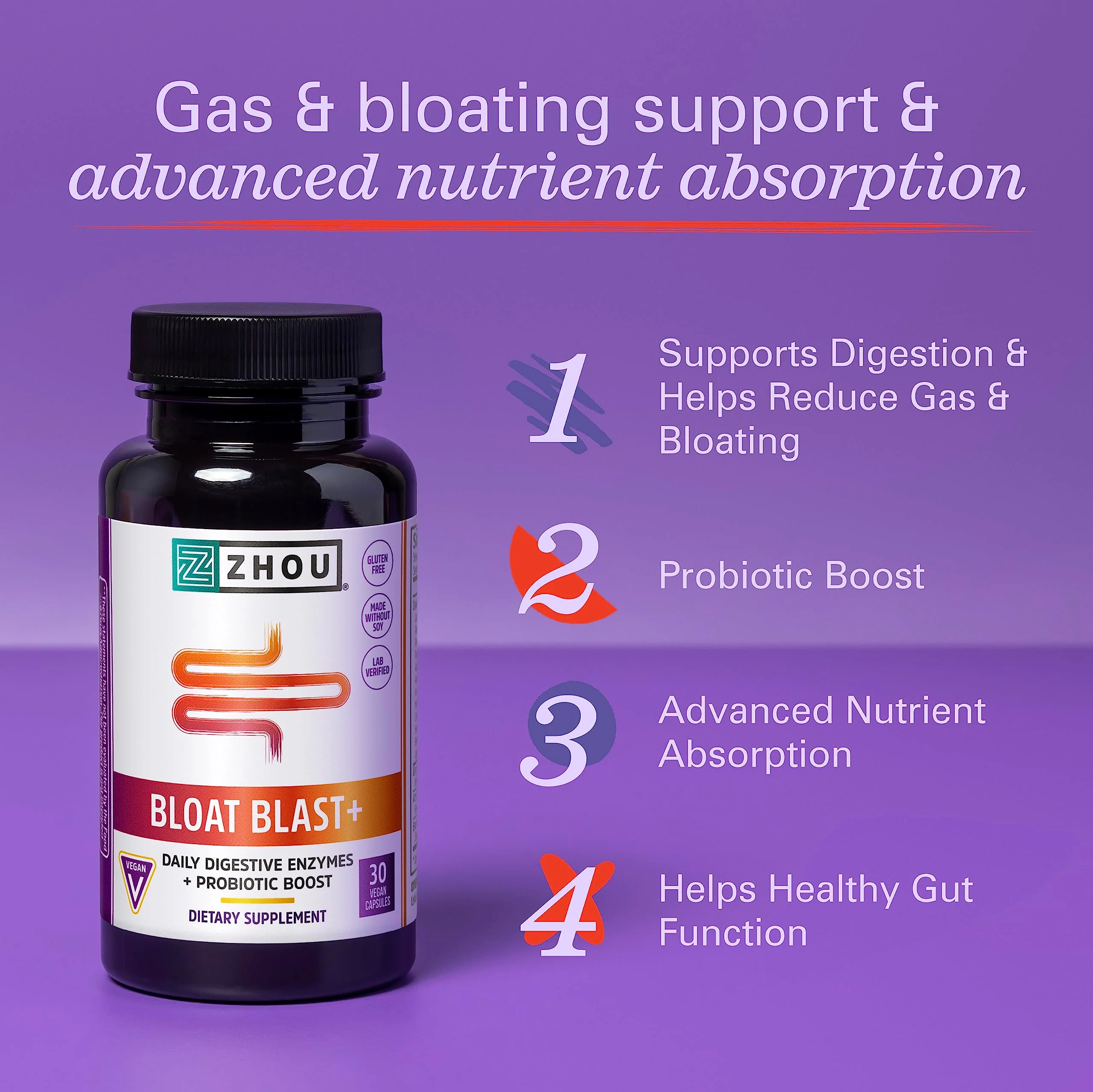 Zhou Nutrition Bloat Blast+ - Digestive Support Supplement for Women & Men, Daily Digestive Enzymes with Probiotics for Gut Health, Gluten Free, Vegan - 30 Veggie Capsules - Image 2