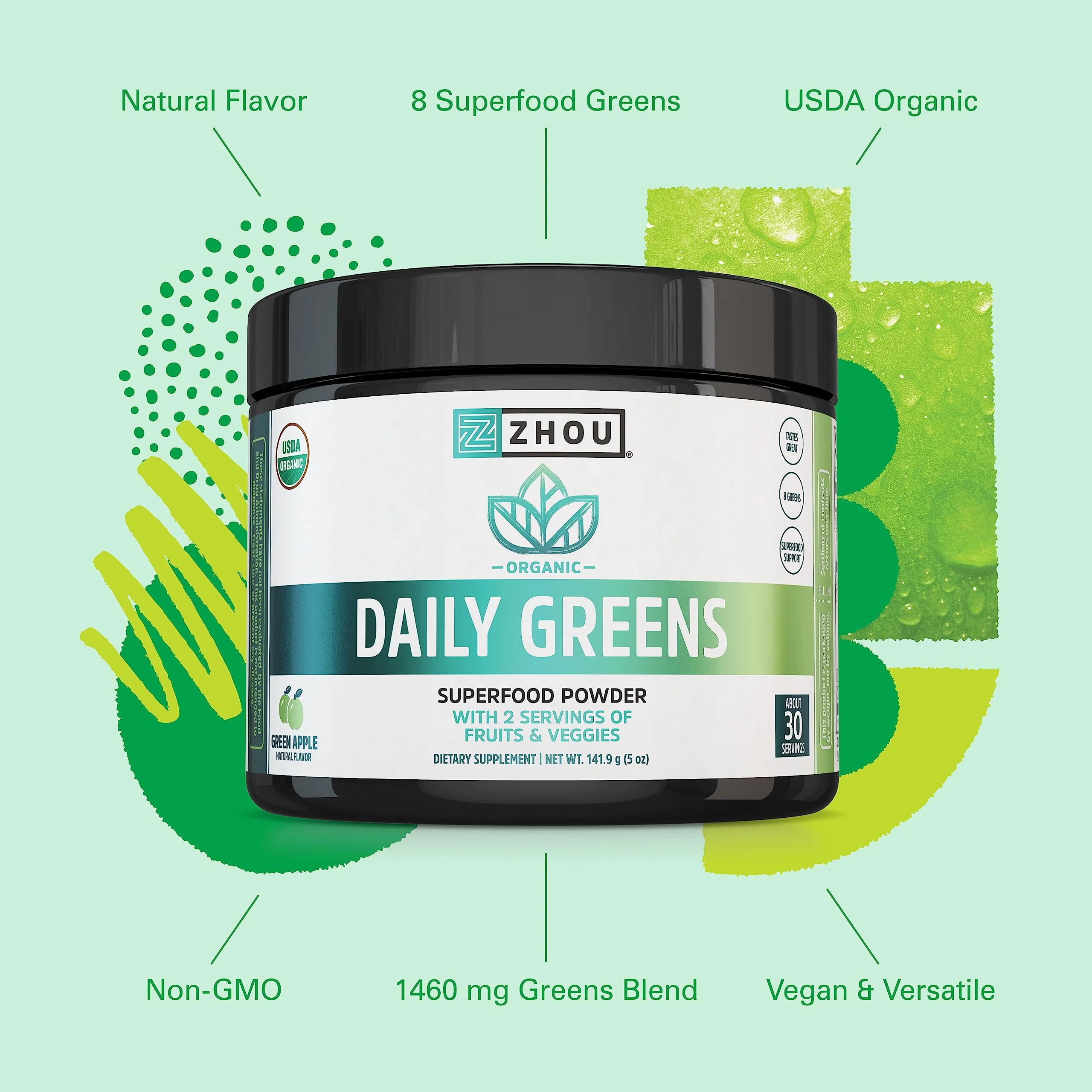 Zhou Organic Daily Greens Powder - Greens Superfood Powder for Juice, Smoothie, Super Food Drink Mix with Spirulina & Kale, Vegetables Supplement - Green Apple Flavor, 5 oz (30 Servings) - Image 4