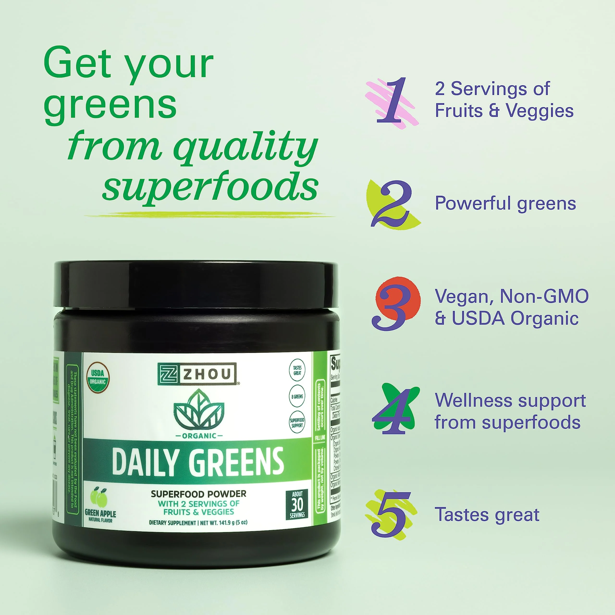 Zhou Organic Daily Greens Powder - Greens Superfood Powder for Juice, Smoothie, Super Food Drink Mix with Spirulina & Kale, Vegetables Supplement - Green Apple Flavor, 5 oz (30 Servings) - Image 5