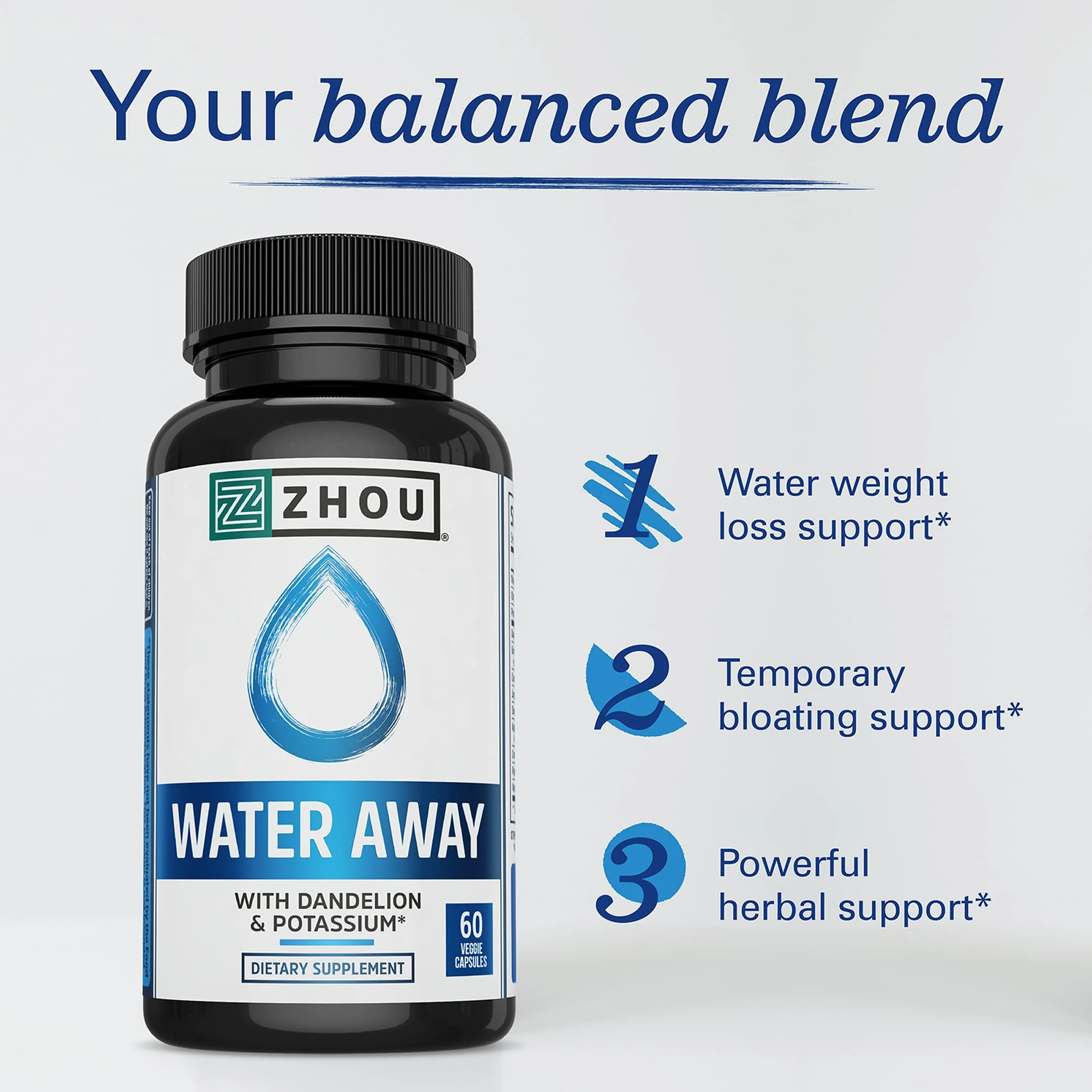 ZHOU Water Away - Natural Water Pills for Women & Men with Dandelion, Potassium, Cranberry and Green Tea, Cellular Energy and Metabolic Health - 60 Veggie Capsules (Pack of 1) - Image 5