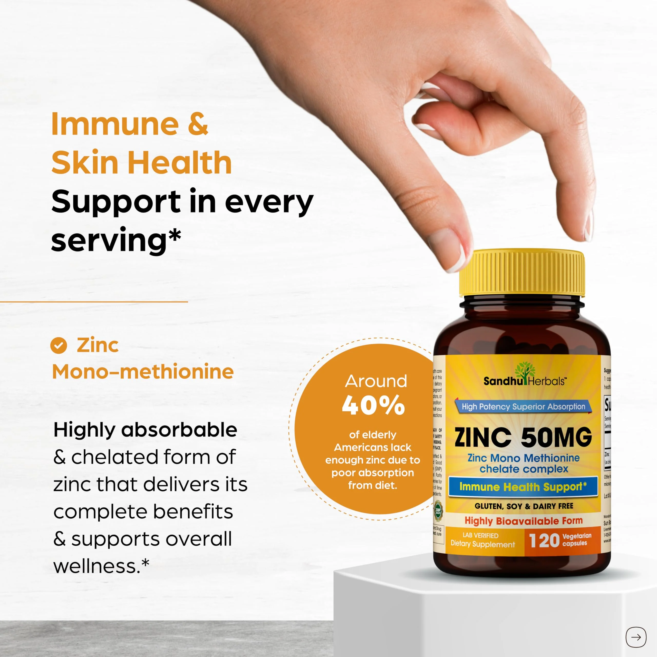 Zinc 50mg Capsules for Men and Women, 120 Count | Highly Absorbable Zinc Supplements for Immune System Support | Zink 50 mg Mono Methionine Chelated Complex |Helps with Skin Health & Overall Immunity - Image 8