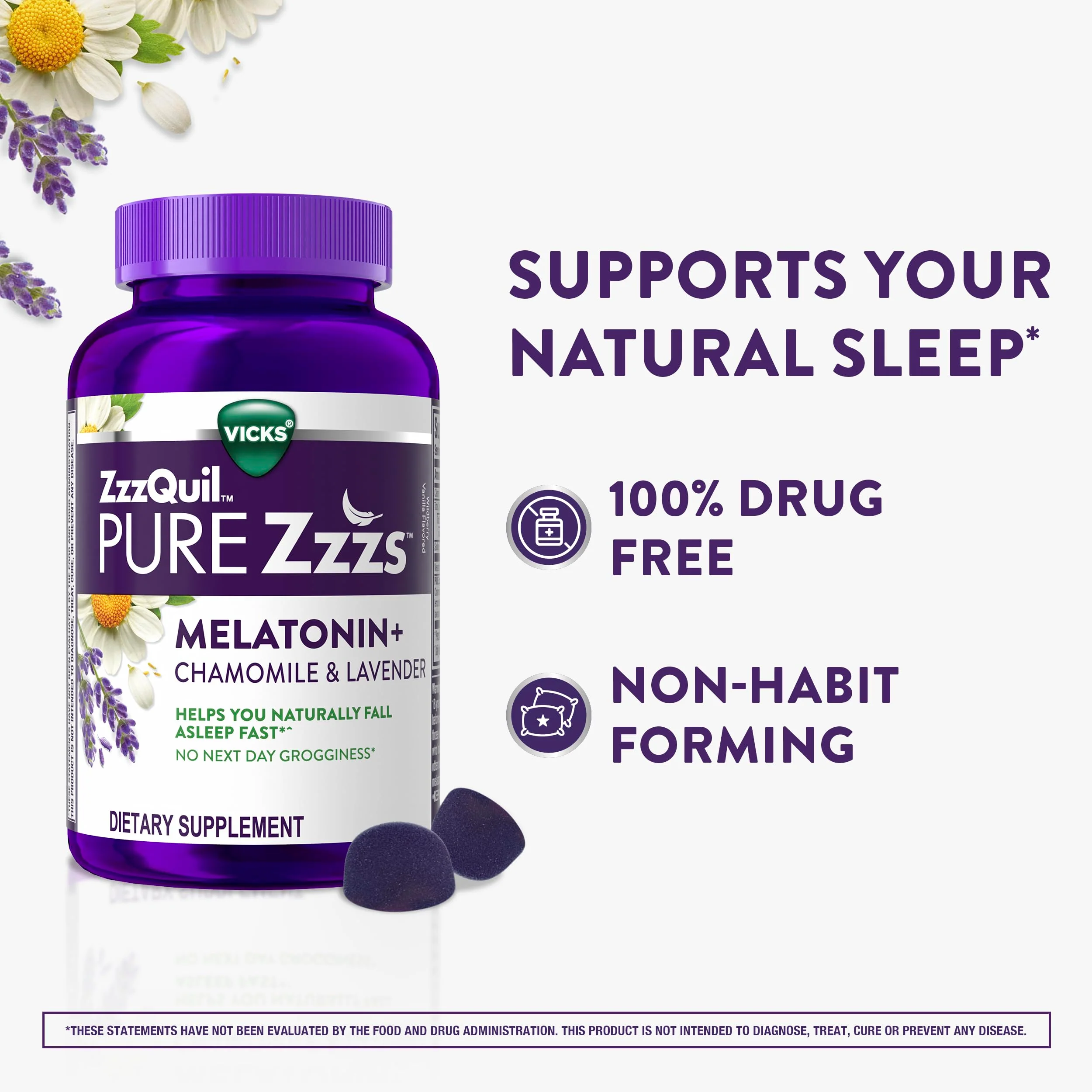 ZzzQuil PURE Zzzs Melatonin Gummies, Sleep Aid, Melatonin 2mg, with Chamomile & Lavender, Melatonin Sleep Gummies, Sleep Aids for Adults, Wildberry Vanilla Flavored, 72 Sleep Gummies - Image 5